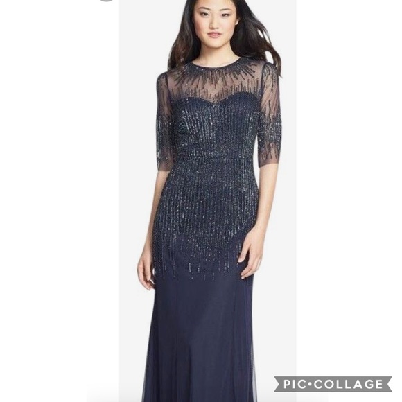 Adrianna Papell beaded 3/4 sleeves illusion sweetheart neck long gown - Picture 11 of 15